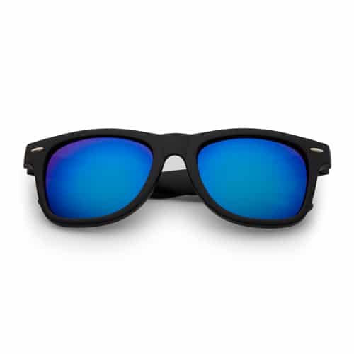 Wayfarer style zonnebril mat zwart | blauwe spiegel lenzen